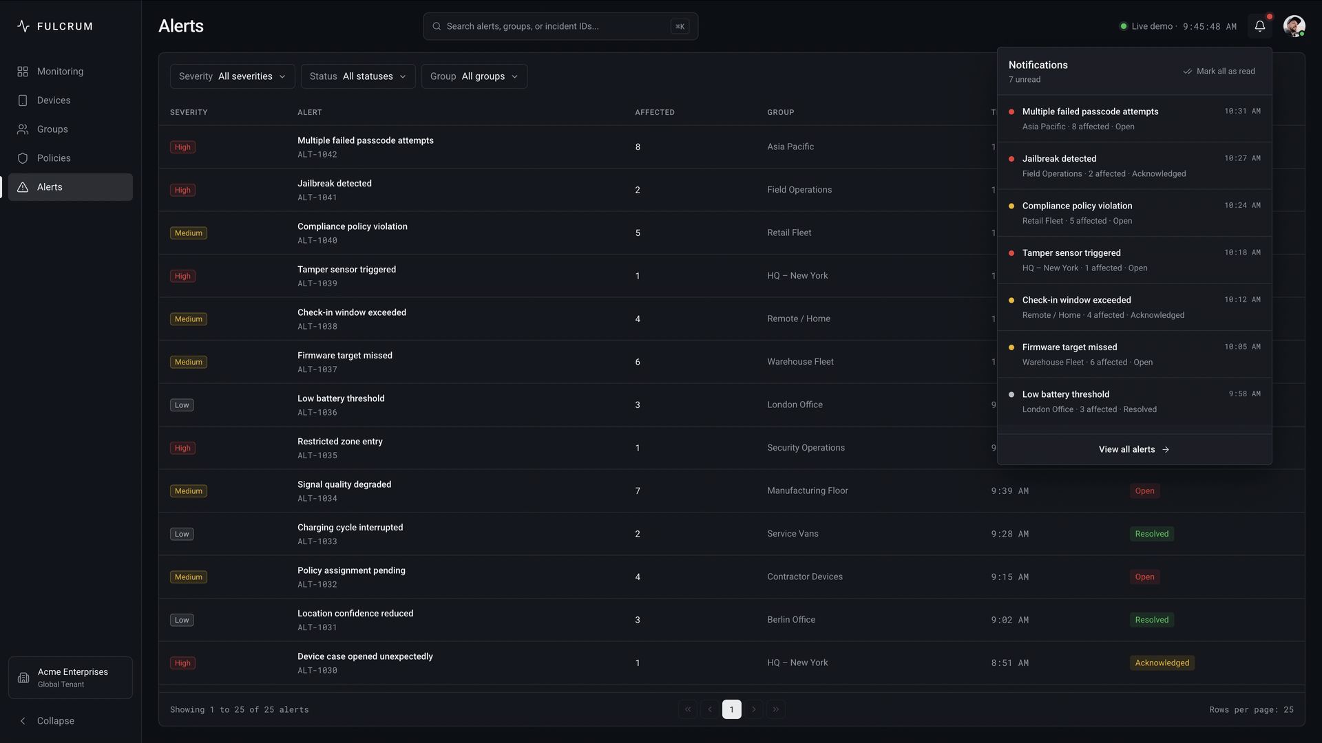 The Alerts view listing severity, alert type, affected device count and location, with a notifications panel open above it.