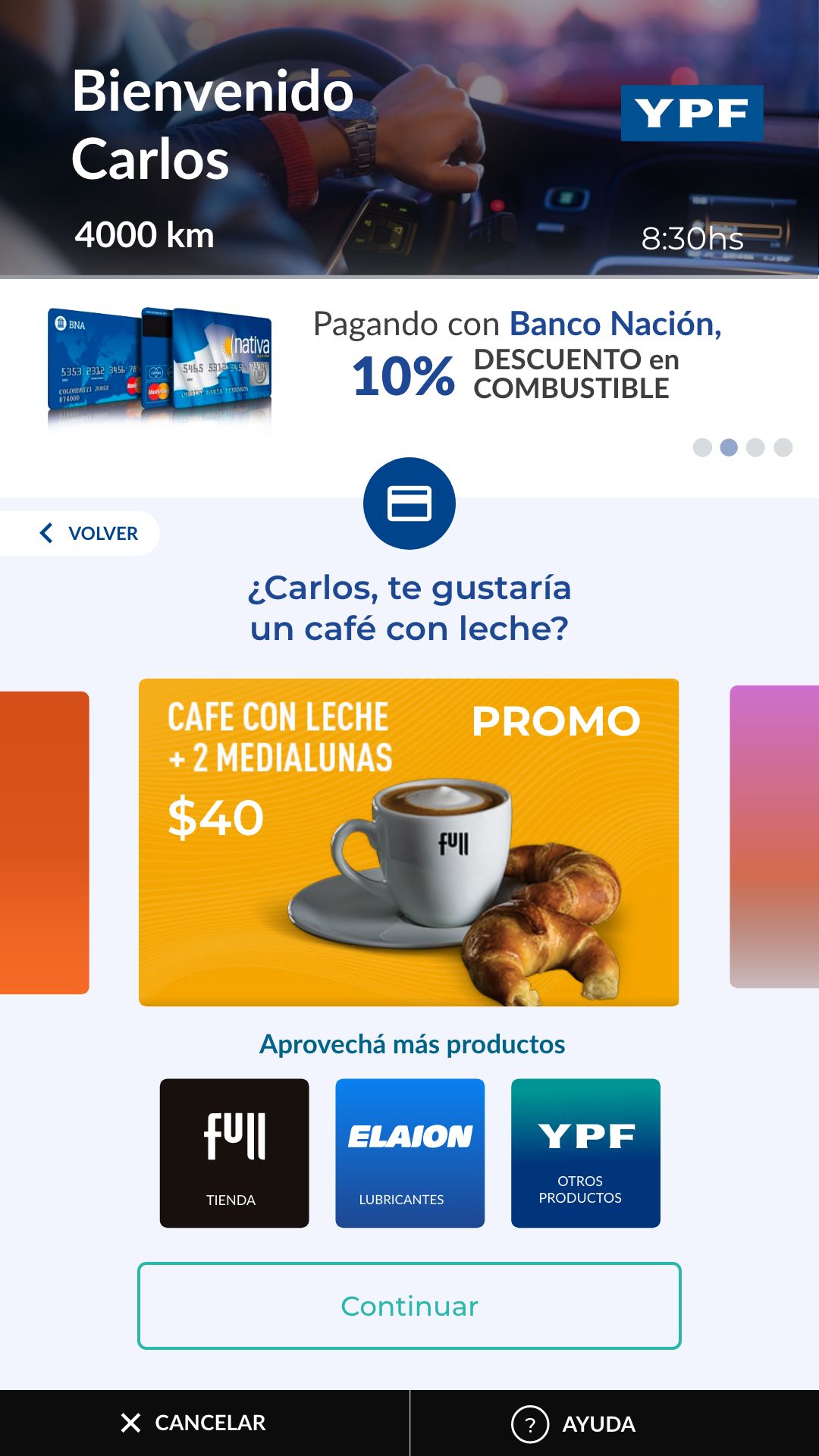 The inherited product-selection screen centered one large coffee promotion with only parts of adjacent offers visible.