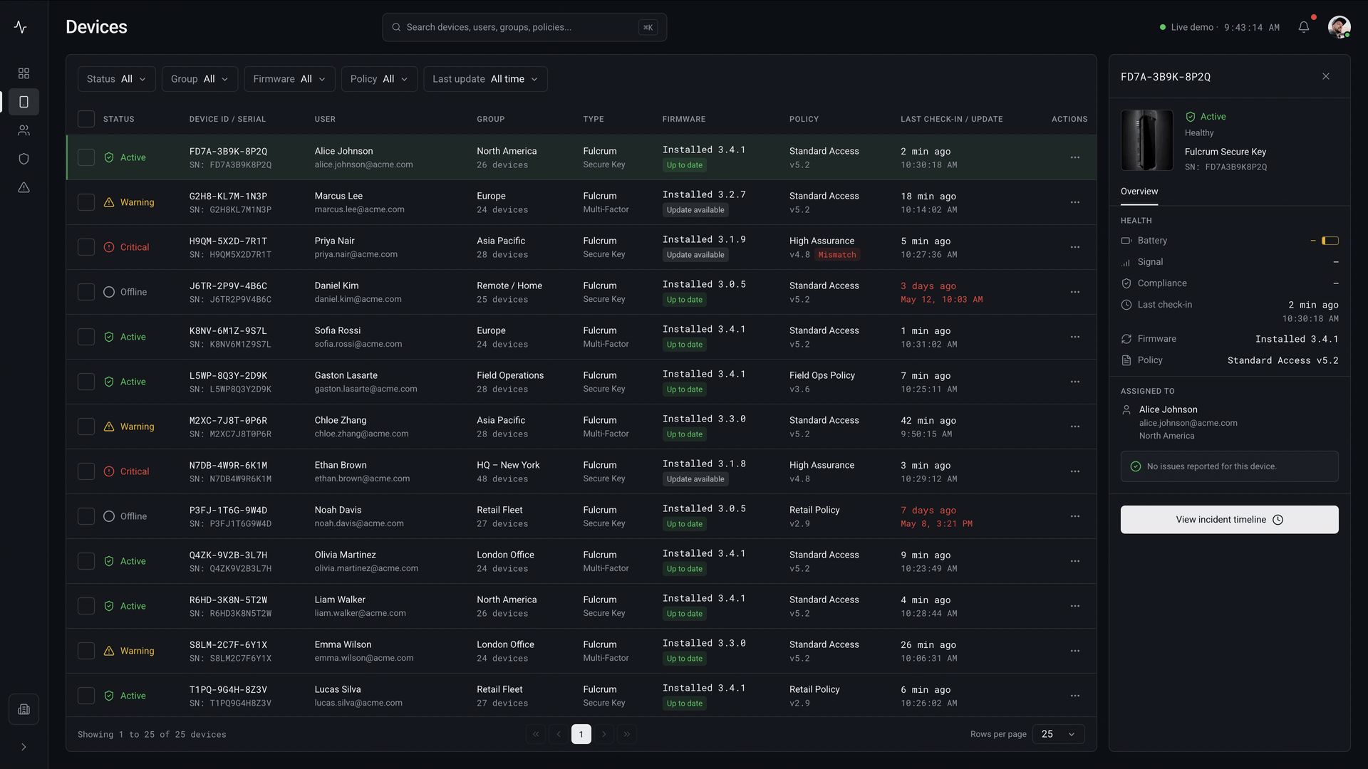 The Devices table listing status, identifier, user, location, model and firmware, with a detail panel open beside it showing one device’s overview, firmware version and assignment.