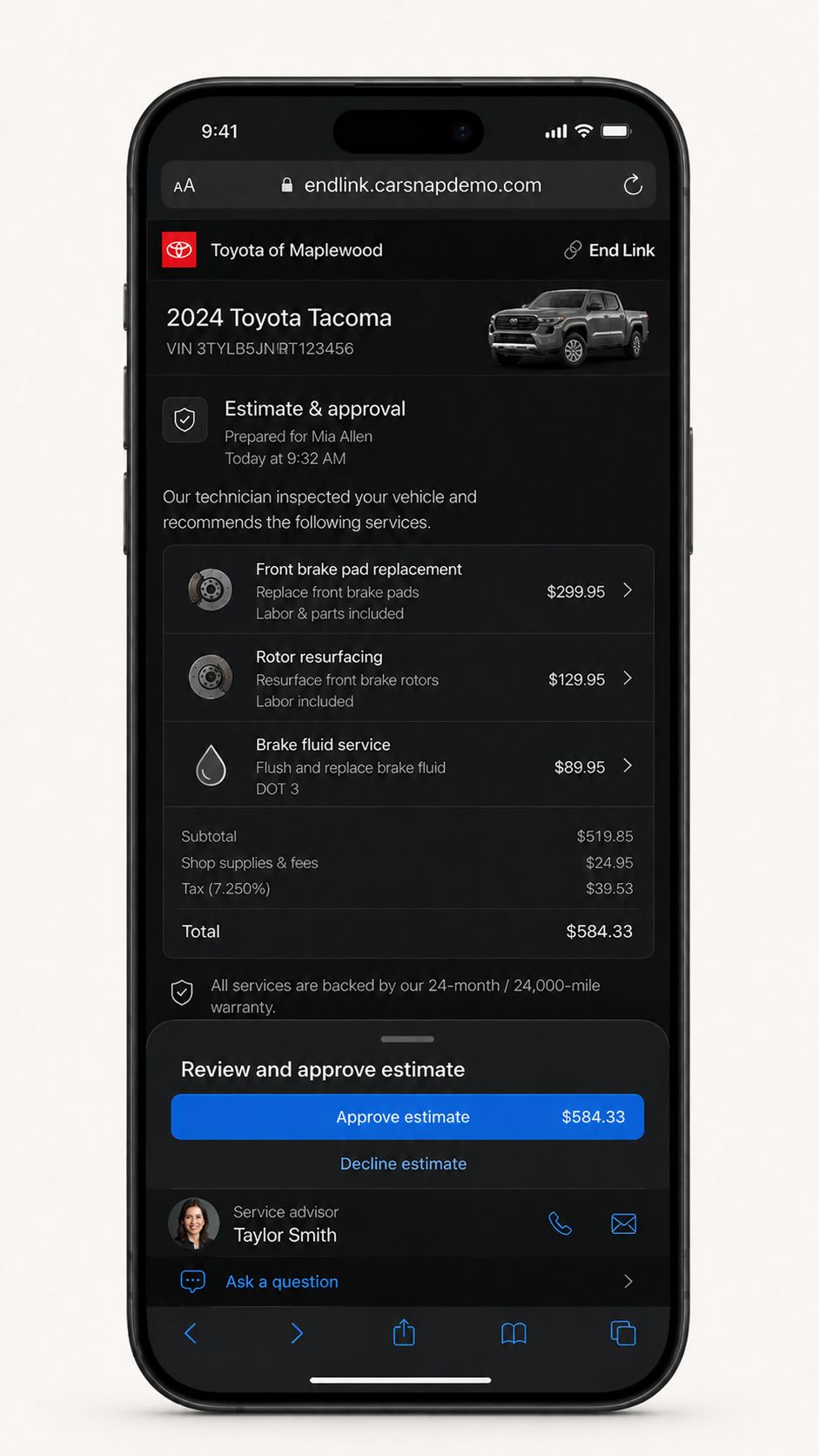 Customer estimate with recommended services, totals, and approve or decline actions.
