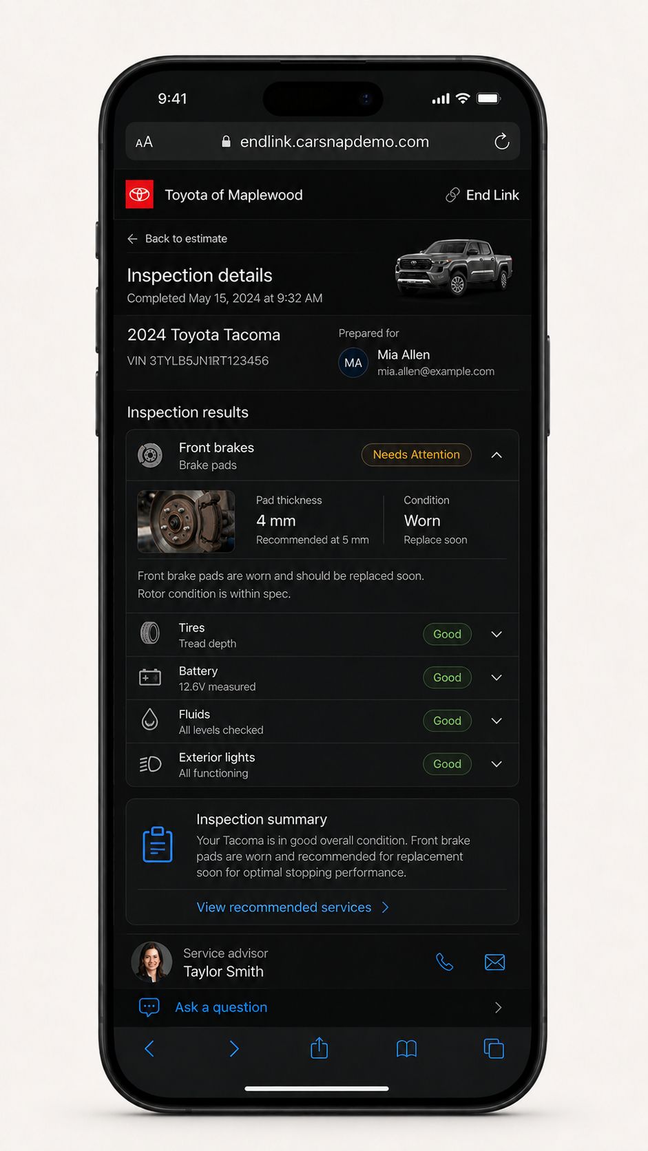 Inspection results with condition states, measurements, and written summary.