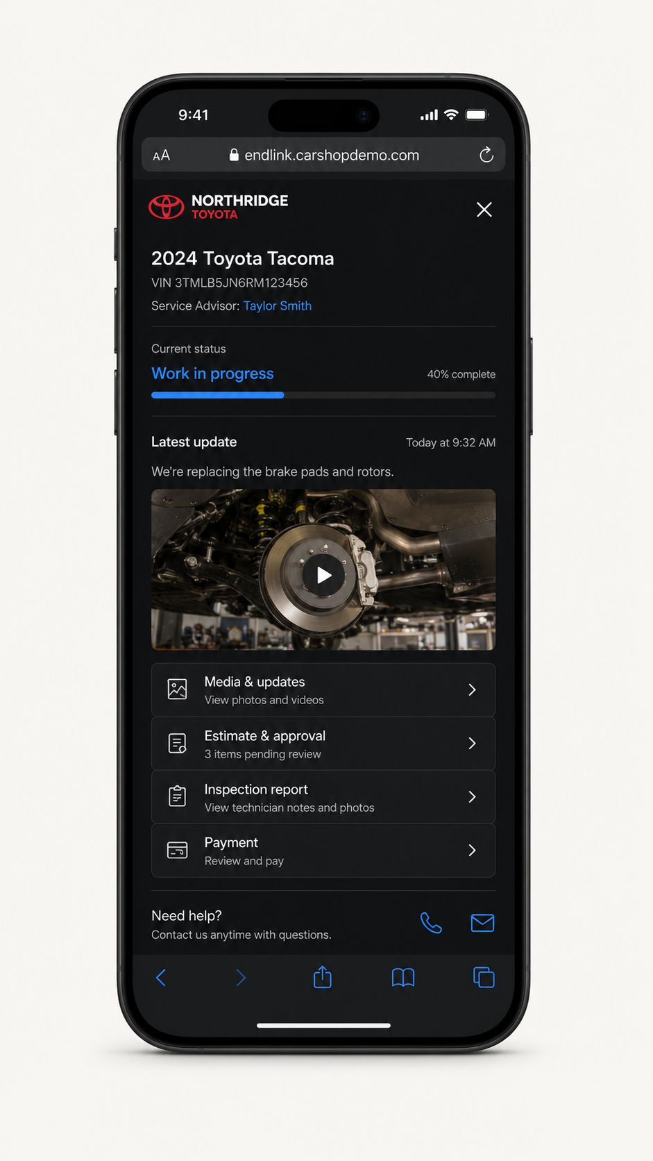 End Link showing vehicle, advisor, service progress, latest update, media, estimate, inspection, and payment.