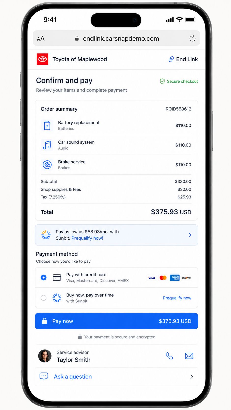 The same End Link payment screen rendered in a light dealership theme, with card-brand marks and the same order summary and totals.