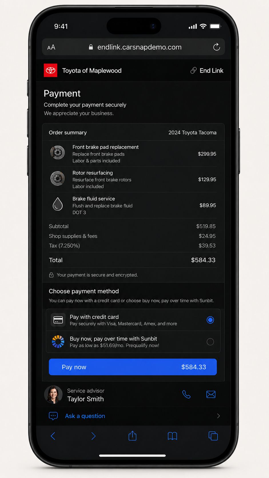 Payment screen with order summary, total, payment method, and Pay now action.