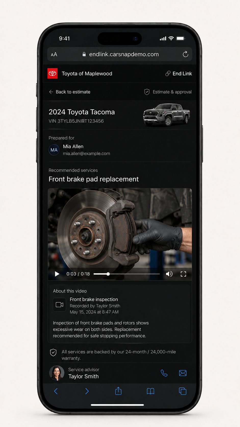 Technician video playing inside End Link with service context and written explanation.