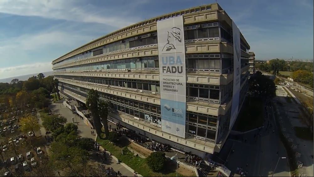 The FADU building at the University of Buenos Aires, a long concrete facade seen from above