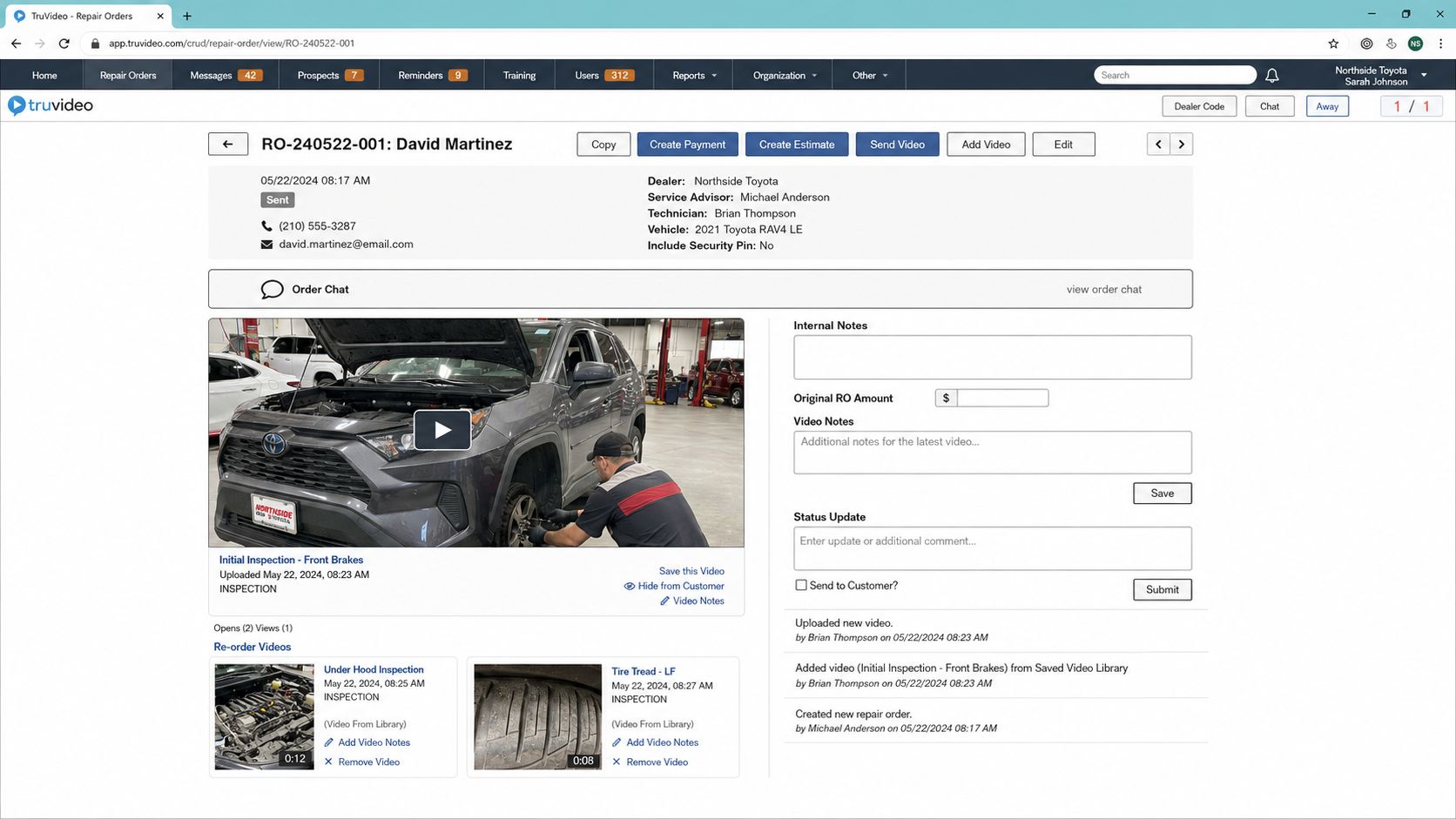 The legacy Repair Order detail screen in a browser: six competing buttons across the top, a grey block of dealer, advisor, technician and vehicle fields, a collapsed order chat bar, a video player with three thumbnails beneath it, and a right column stacking internal notes, an amount field, video notes, and a status update form.