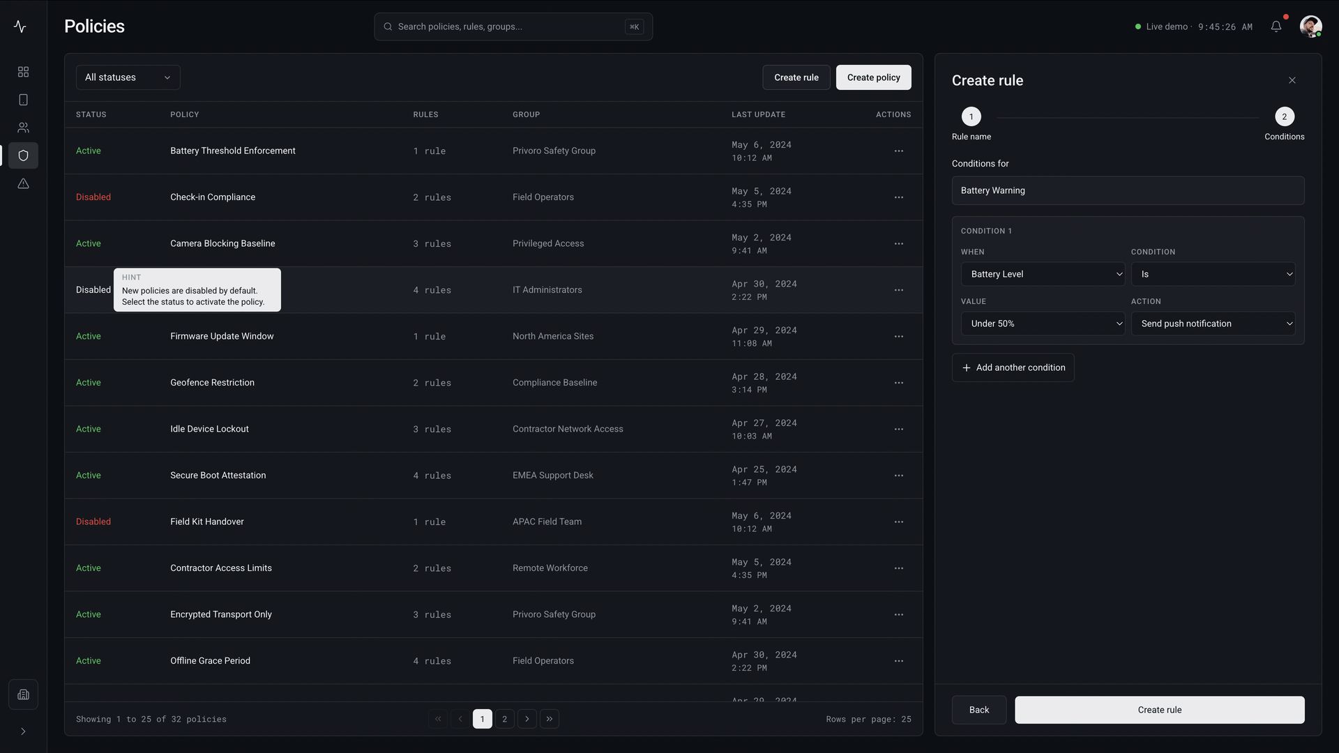 The Policies list beside a create-rule panel holding a condition builder: a battery-level condition under twenty percent producing a push notification, with an option to add another condition.