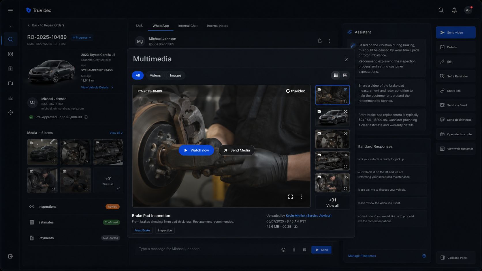 The Multimedia modal layered over the Repair Order with filters, a large inspection video, related thumbnails, metadata, and actions.