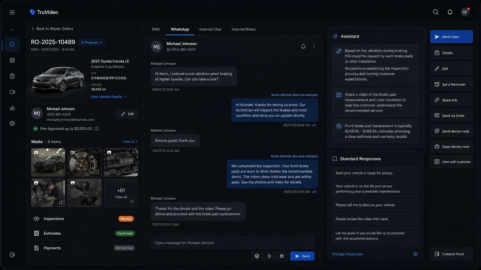 The redesigned Repair Order with order context on the left, customer conversation in the center, and assistance and operational actions on the right.