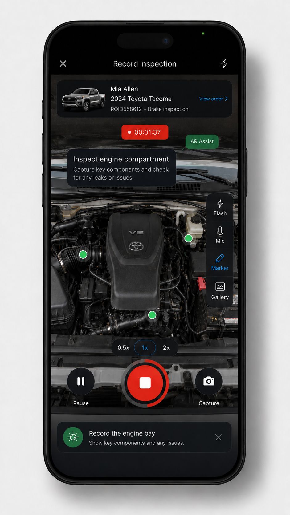 AR-assisted recording view with timer, capture guidance, component markers, and camera controls.