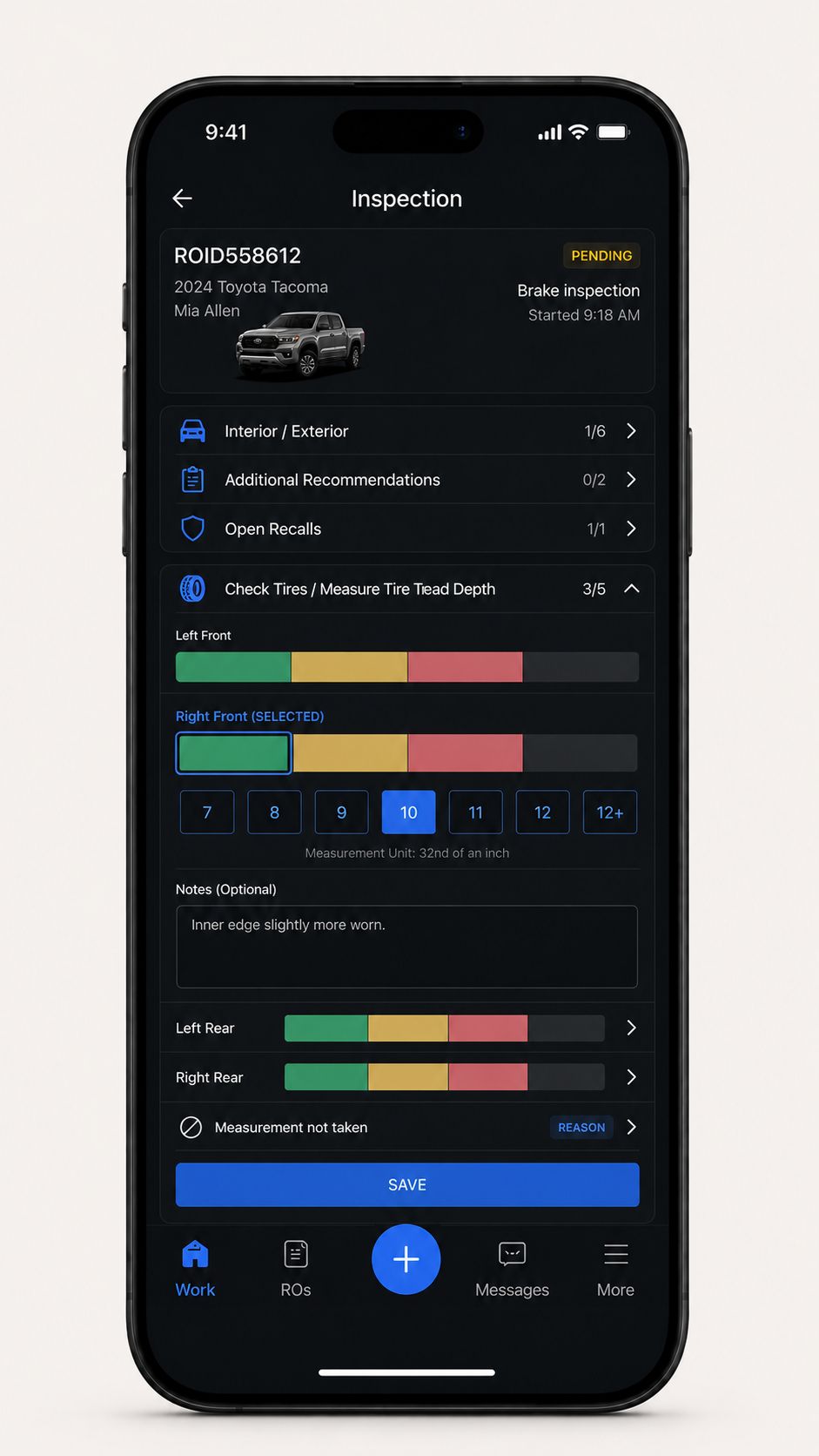 Tire tread inspection with per-wheel condition bars, numeric measurement, optional note, and save action.