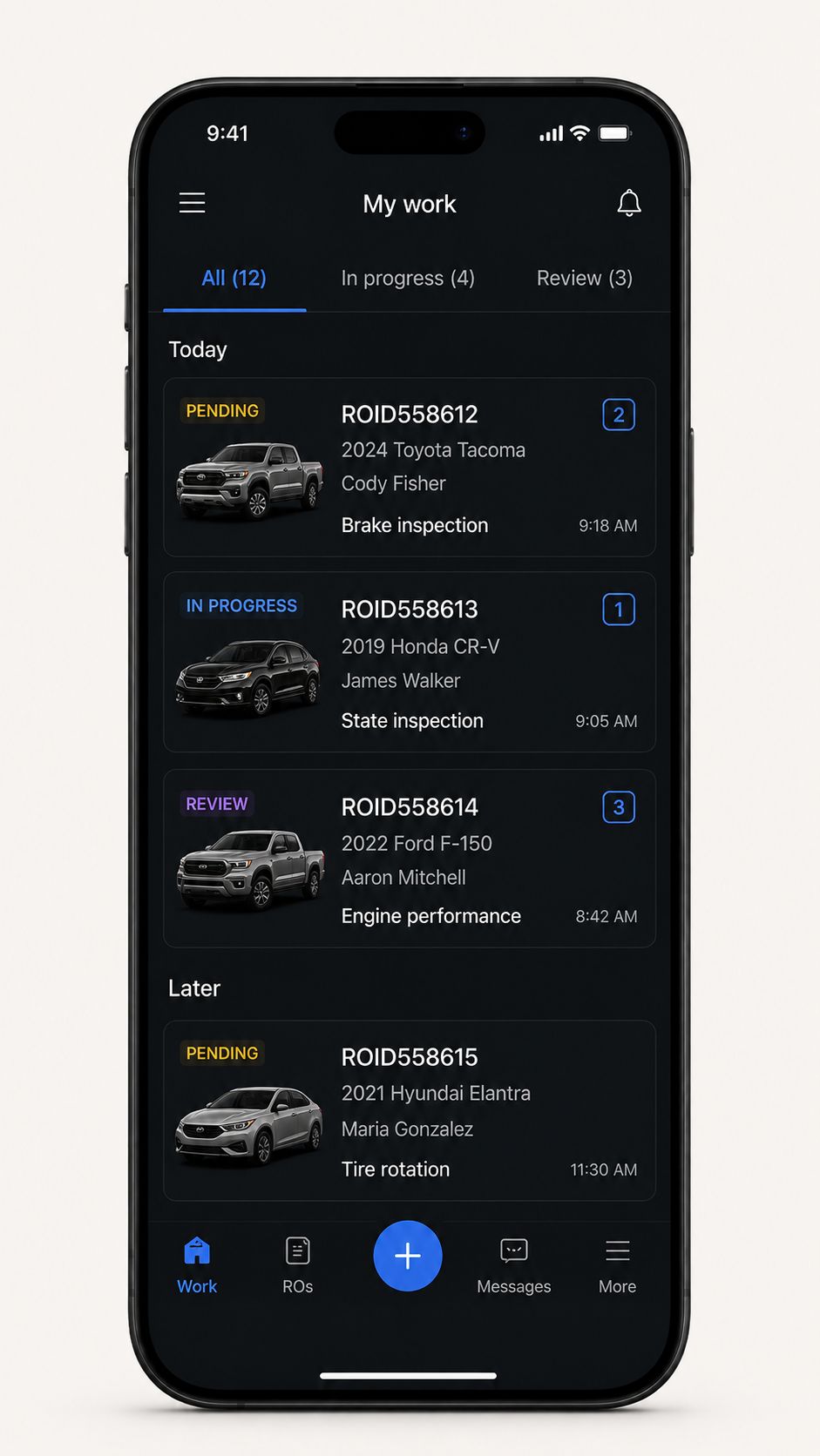 Technician work list grouped by Today and Later with repair order status, vehicle, customer, job type, and time.